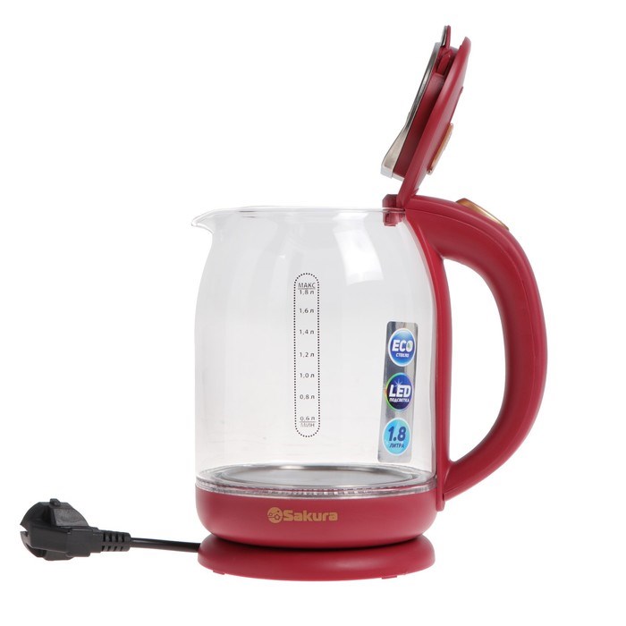 Чайник электрический Sakura SA-2709R, стекло, 1.8 л, 1800 Вт, бордовый - фото 51407740 Чайник электрический Sakura SA-2709R, стекло, 1.8 л, 1800 Вт, бордовый - фото 51407740