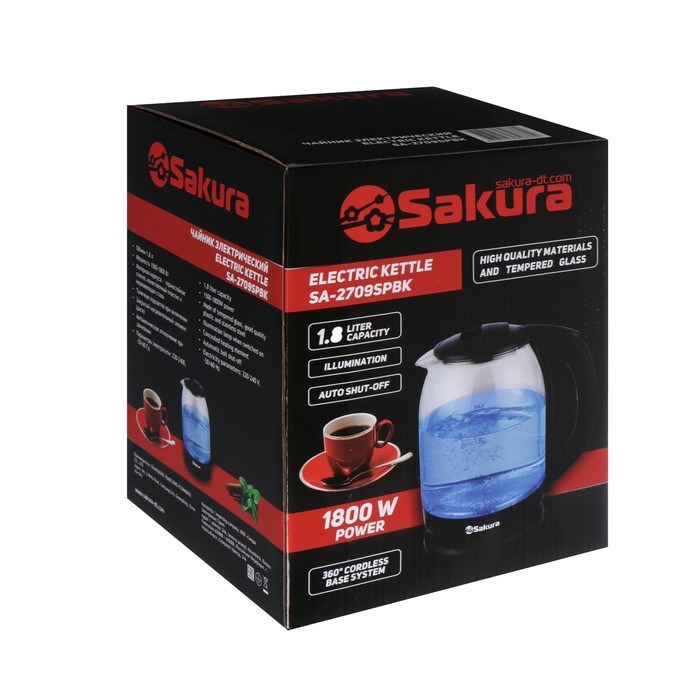 Чайник электрический Sakura SA-2709SPBK, стекло, 1.8 л, 1800 Вт, чёрный - фото 51407751 Чайник электрический Sakura SA-2709SPBK, стекло, 1.8 л, 1800 Вт, чёрный - фото 51407751