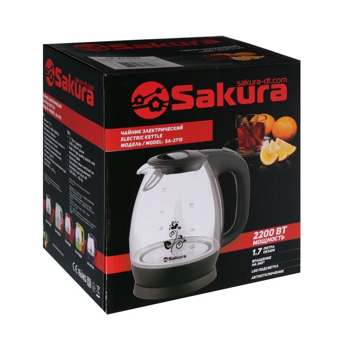 Чайник электрический Sakura SA-2715BK, стекло, 1.7 л, 2200 Вт, чёрный - фото 51407760 Чайник электрический Sakura SA-2715BK, стекло, 1.7 л, 2200 Вт, чёрный - фото 51407760