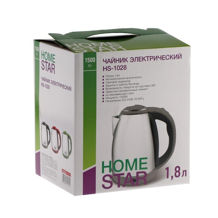 Чайник электрический Homestar HS-1028, металл, 1.8 л, 1500 Вт, серебристо-красный - фото 51407860 Чайник электрический Homestar HS-1028, металл, 1.8 л, 1500 Вт, серебристо-красный - фото 51407860