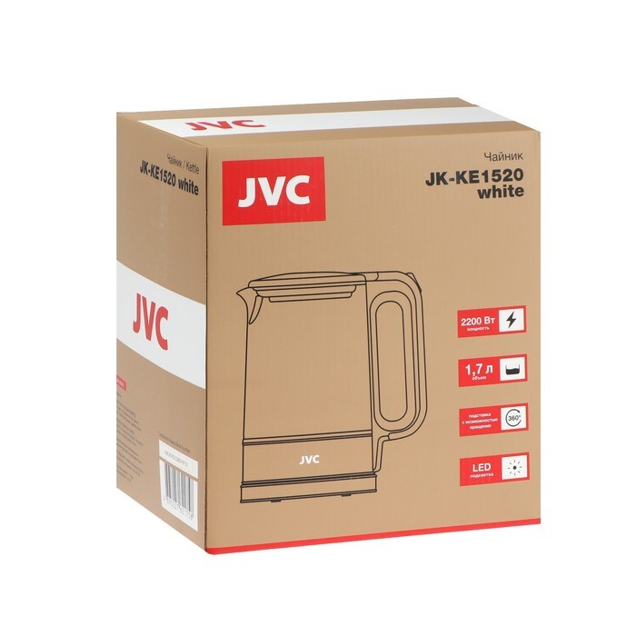 Чайник электрический jvc JK-KE1520, стекло, 1.7 л, 2200 Вт, серебристо-белый - фото 51407897 Чайник электрический jvc JK-KE1520, стекло, 1.7 л, 2200 Вт, серебристо-белый - фото 51407897