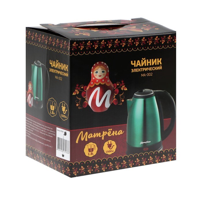 Чайник электрический МАТРЁНА MA-002, металл, 1.8 л, 1500 Вт, зелёно-чёрный - фото 51408102 Чайник электрический МАТРЁНА MA-002, металл, 1.8 л, 1500 Вт, зелёно-чёрный - фото 51408102
