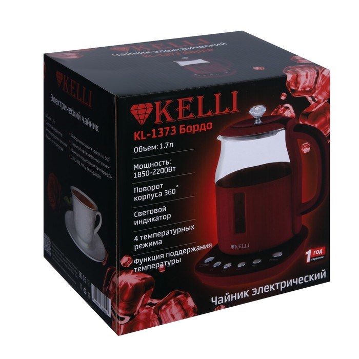 Чайник электрический KELLI KL-1373, стекло, 1.7 л, 2200 Вт, бордовый - фото 51408154 Чайник электрический KELLI KL-1373, стекло, 1.7 л, 2200 Вт, бордовый - фото 51408154