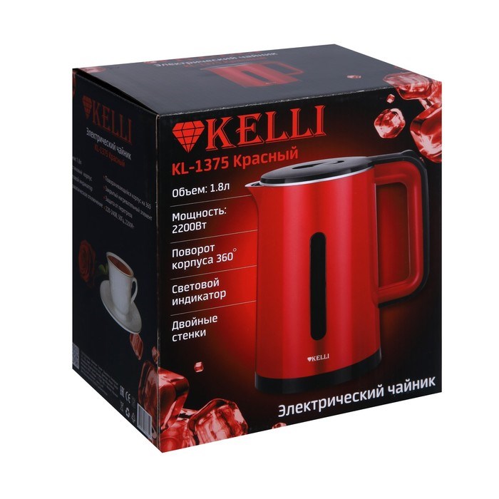 Чайник электрический KELLI KL-1375, пластик, 1.8 л, 2200 Вт, красный - фото 51408164 Чайник электрический KELLI KL-1375, пластик, 1.8 л, 2200 Вт, красный - фото 51408164