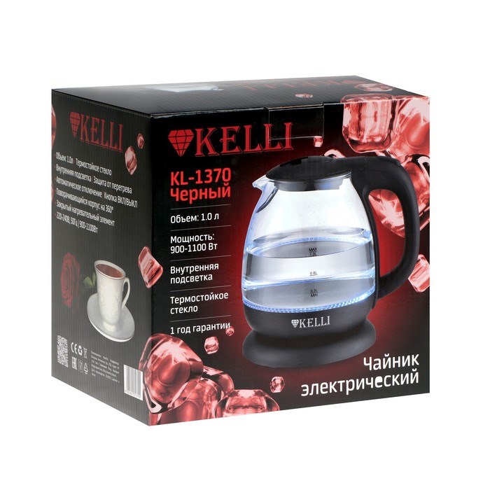 Чайник электрический KELLI KL-1370, стекло, 1 л, 1100 Вт, чёрный - фото 51408826 Чайник электрический KELLI KL-1370, стекло, 1 л, 1100 Вт, чёрный - фото 51408826