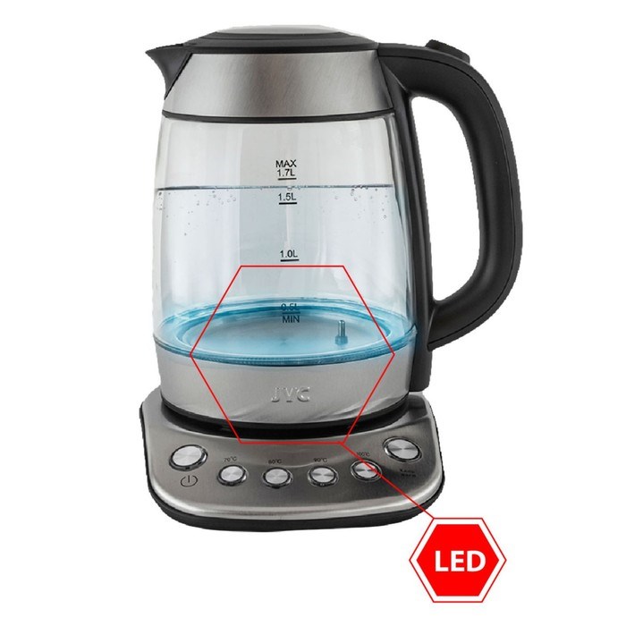 Чайники jvc JK-KE1825, стекло, 1.7 л, 2200 Вт, чёрный с серебристым - фото 51409301 Чайники jvc JK-KE1825, стекло, 1.7 л, 2200 Вт, чёрный с серебристым - фото 51409301