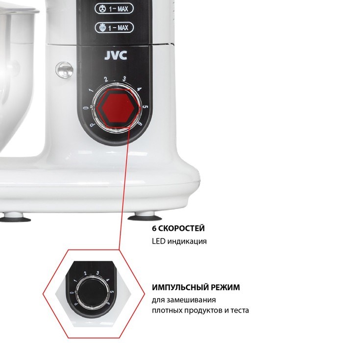 Миксер jvc JK-MX515, планетарный, 1000 Вт, 5 л, 6 скоростей, 3 насадки, белый - фото 51409726 Миксер jvc JK-MX515, планетарный, 1000 Вт, 5 л, 6 скоростей, 3 насадки, белый - фото 51409726