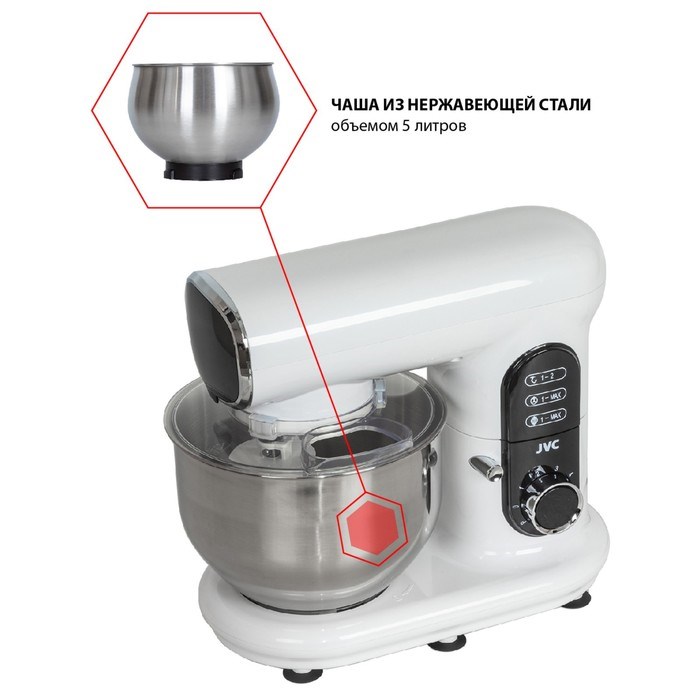 Миксер jvc JK-MX515, планетарный, 1000 Вт, 5 л, 6 скоростей, 3 насадки, белый - фото 51409727 Миксер jvc JK-MX515, планетарный, 1000 Вт, 5 л, 6 скоростей, 3 насадки, белый - фото 51409727