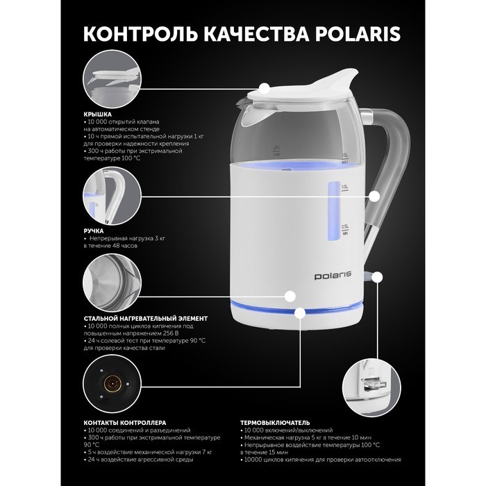 Чайник электрический Polaris PWK 1563CGL, стекло, 1.5 л, 2200 Вт, белый - фото 51410102 Чайник электрический Polaris PWK 1563CGL, стекло, 1.5 л, 2200 Вт, белый - фото 51410102