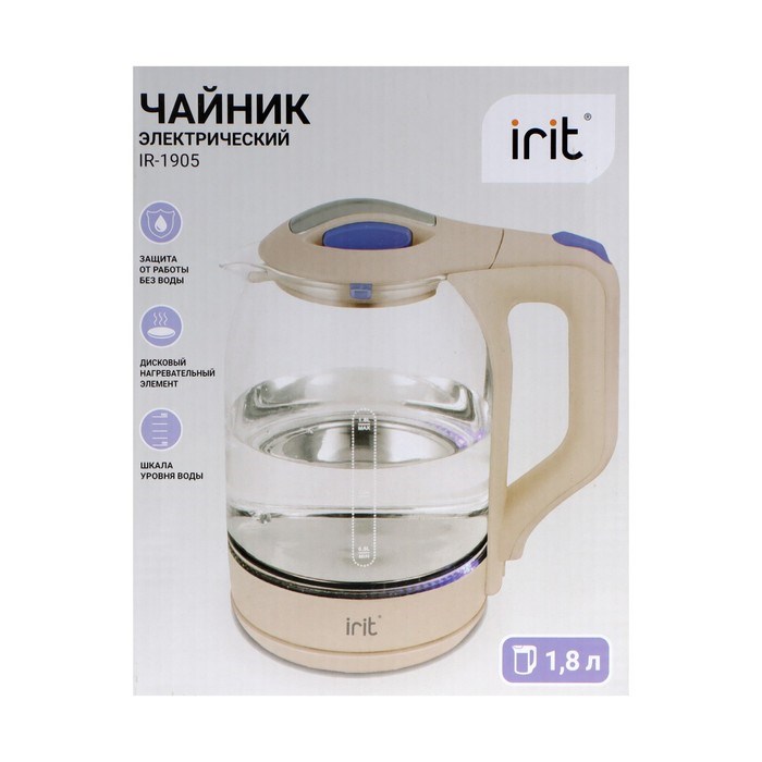 Чайник электрический Irit IR-1905, стекло, 1.8 л, 1500 Вт, бежевый - фото 51410247 Чайник электрический Irit IR-1905, стекло, 1.8 л, 1500 Вт, бежевый - фото 51410247