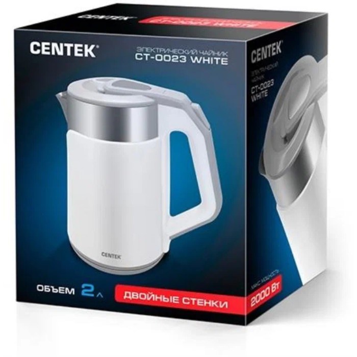 Чайник электрический Centek CT-0023, пластик, колба металл, 2 л, 2000 Вт, белый - фото 51410284 Чайник электрический Centek CT-0023, пластик, колба металл, 2 л, 2000 Вт, белый - фото 51410284