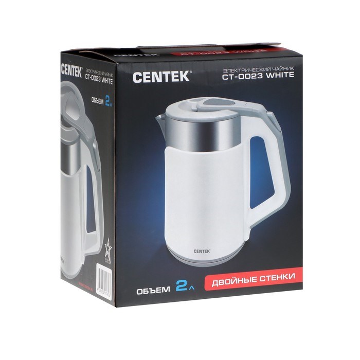 Чайник электрический Centek CT-0023, пластик, колба металл, 2 л, 2000 Вт, белый - фото 51410285 Чайник электрический Centek CT-0023, пластик, колба металл, 2 л, 2000 Вт, белый - фото 51410285