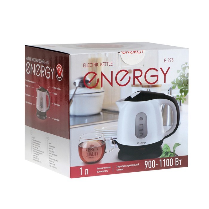 Чайник электрический ENERGY E-275, пластик, 1 л, 1100 Вт, бело-чёрный - фото 51410490 Чайник электрический ENERGY E-275, пластик, 1 л, 1100 Вт, бело-чёрный - фото 51410490