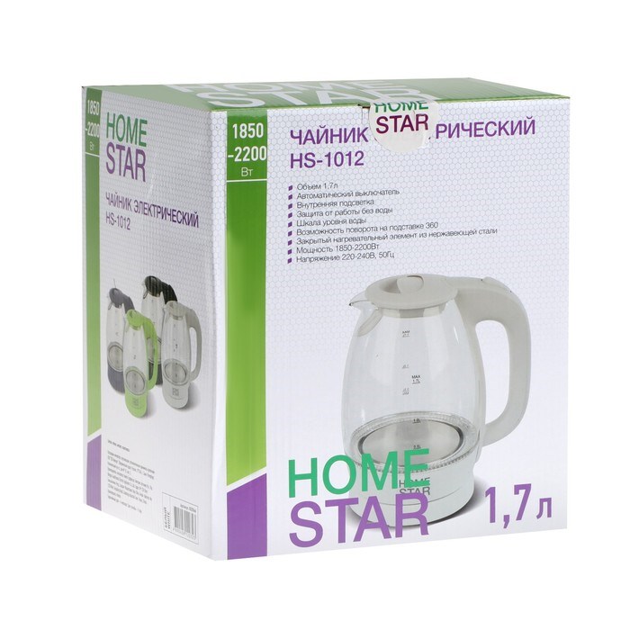 Чайник электрический Homestar HS-1012, стекло, 1.7 л, 2200 Вт, белый - фото 51410509 Чайник электрический Homestar HS-1012, стекло, 1.7 л, 2200 Вт, белый - фото 51410509