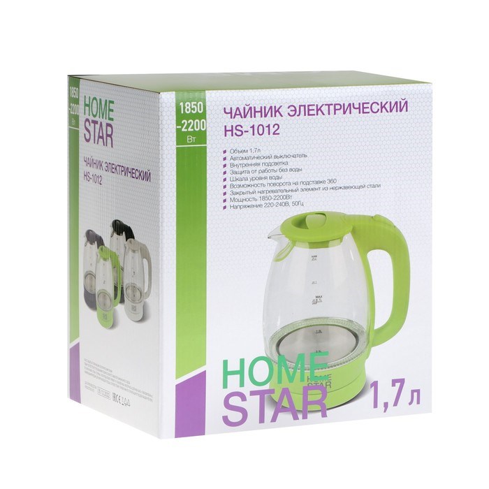 Чайник электрический Homestar HS-1012, стекло, 1.7 л, 2200 Вт, зеленый - фото 51410518 Чайник электрический Homestar HS-1012, стекло, 1.7 л, 2200 Вт, зеленый - фото 51410518