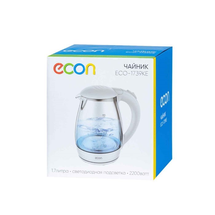 Чайник электрический Econ ECO-1739KE, 2200Вт, стекло, 1,7 л, цвет белый - фото 51410543 Чайник электрический Econ ECO-1739KE, 2200Вт, стекло, 1,7 л, цвет белый - фото 51410543