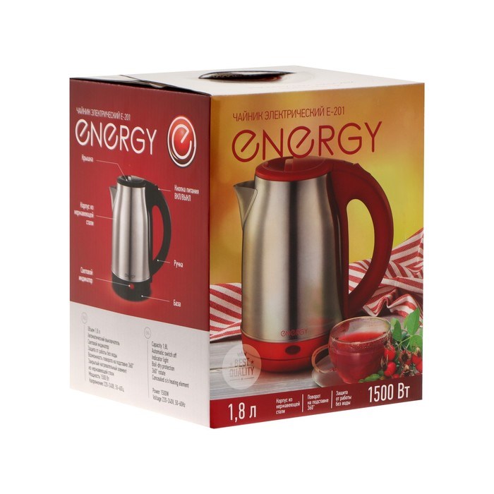 Чайник электрический Energy E-201, металл, 1.8 л, 1500 Вт, серебристо-красный - фото 51411517 Чайник электрический Energy E-201, металл, 1.8 л, 1500 Вт, серебристо-красный - фото 51411517