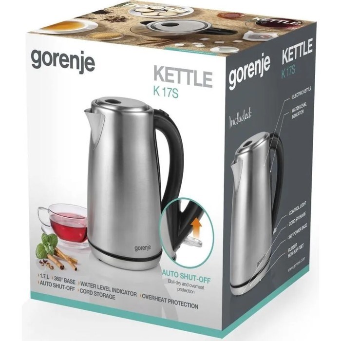 Чайник электрический Gorenje K17S, металл, 1.7 л, 2000 Вт, серебристый - фото 51411676 Чайник электрический Gorenje K17S, металл, 1.7 л, 2000 Вт, серебристый - фото 51411676