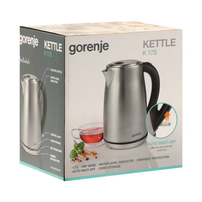 Чайник электрический Gorenje K17S, металл, 1.7 л, 2000 Вт, серебристый - фото 51411677 Чайник электрический Gorenje K17S, металл, 1.7 л, 2000 Вт, серебристый - фото 51411677