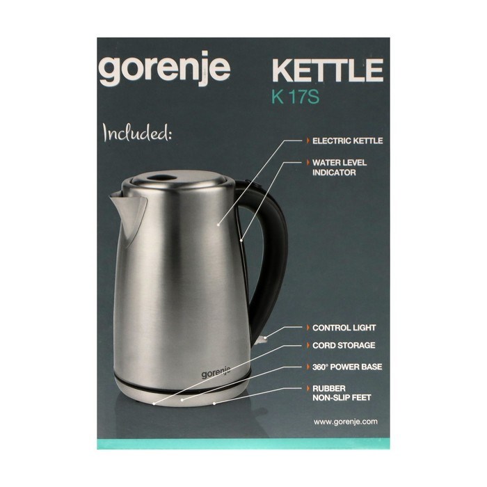 Чайник электрический Gorenje K17S, металл, 1.7 л, 2000 Вт, серебристый - фото 51411678 Чайник электрический Gorenje K17S, металл, 1.7 л, 2000 Вт, серебристый - фото 51411678