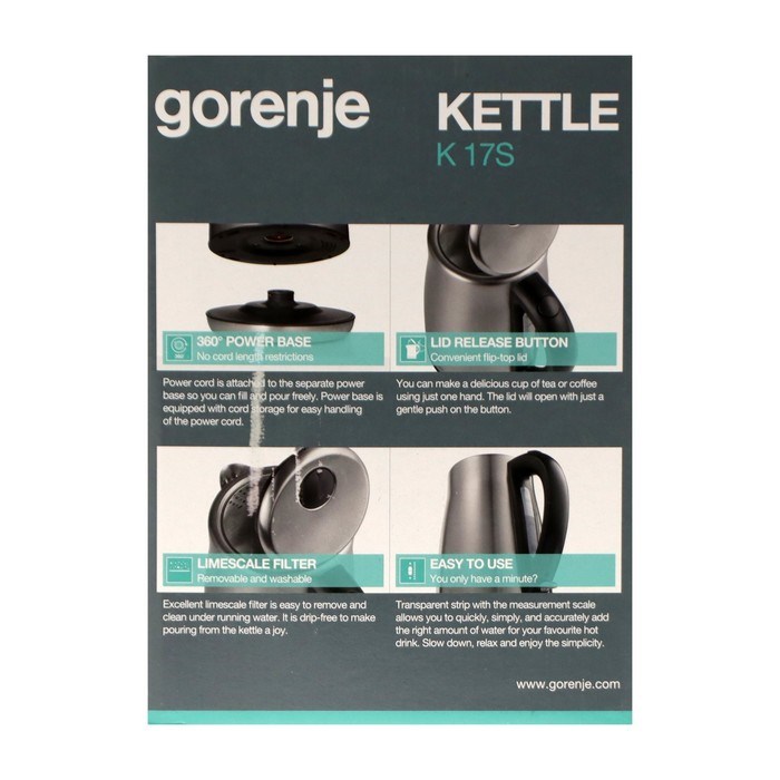 Чайник электрический Gorenje K17S, металл, 1.7 л, 2000 Вт, серебристый - фото 51411679 Чайник электрический Gorenje K17S, металл, 1.7 л, 2000 Вт, серебристый - фото 51411679