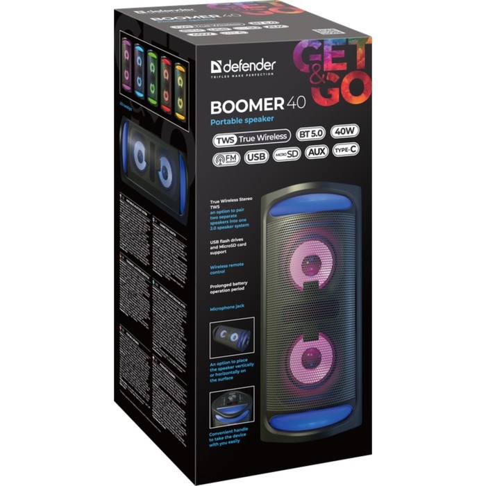 Портативная колонка Defender Boomer 40, 40Вт, 2500мАч, BT, FM, USB, microSD, AUX, подсветка - фото 51412706 Портативная колонка Defender Boomer 40, 40Вт, 2500мАч, BT, FM, USB, microSD, AUX, подсветка - фото 51412706