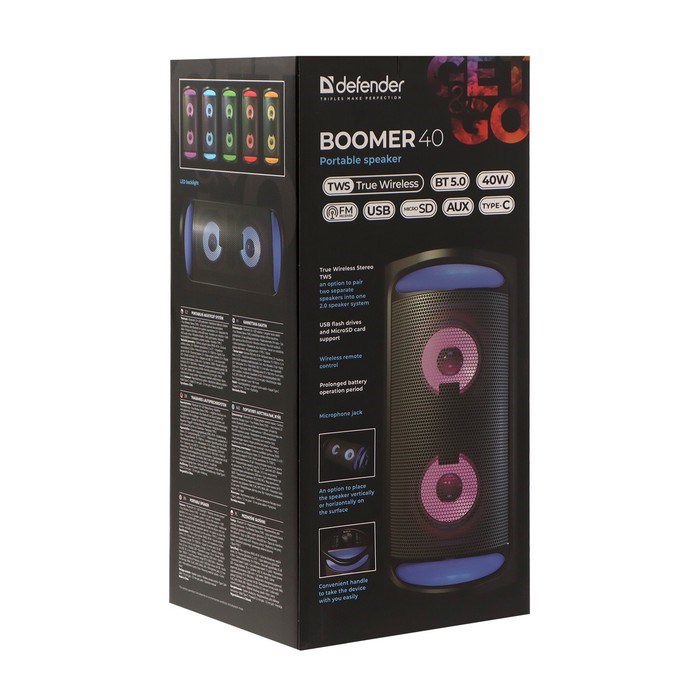 Портативная колонка Defender Boomer 40, 40Вт, 2500мАч, BT, FM, USB, microSD, AUX, подсветка - фото 51412707 Портативная колонка Defender Boomer 40, 40Вт, 2500мАч, BT, FM, USB, microSD, AUX, подсветка - фото 51412707