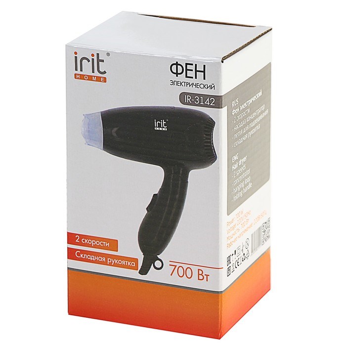 Фен Irit IR-3142, 850 Вт, 2 скорости, 2 темп. режима, концентратор, складная ручка, чёрный - фото 51413002 Фен Irit IR-3142, 850 Вт, 2 скорости, 2 темп. режима, концентратор, складная ручка, чёрный - фото 51413002