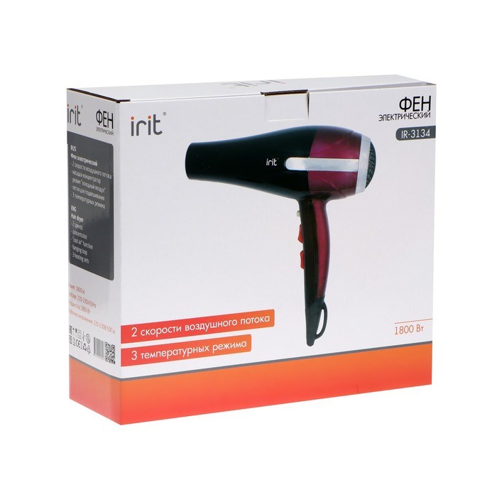 Фен Irit IR-3134, 1800 Вт, 2 скорости, 3 температурных режима, концентратор, чёрно-красный - фото 51413335 Фен Irit IR-3134, 1800 Вт, 2 скорости, 3 температурных режима, концентратор, чёрно-красный - фото 51413335