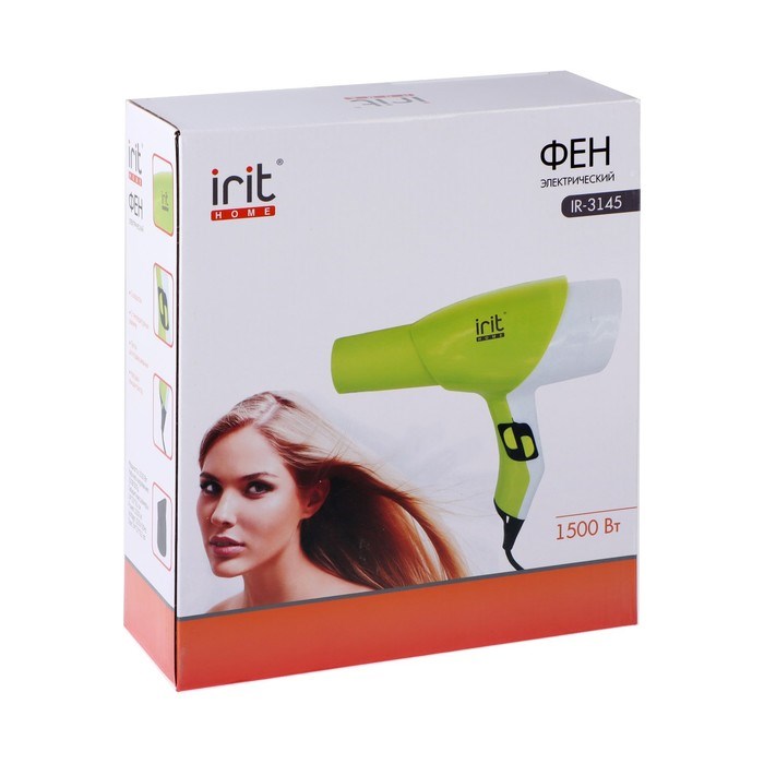 Фен Irit IR-3145, 1500 Вт, 2 скорости, 2 режима, 1 насадка, шнур 1.5 м, зелёный - фото 51414398 Фен Irit IR-3145, 1500 Вт, 2 скорости, 2 режима, 1 насадка, шнур 1.5 м, зелёный - фото 51414398