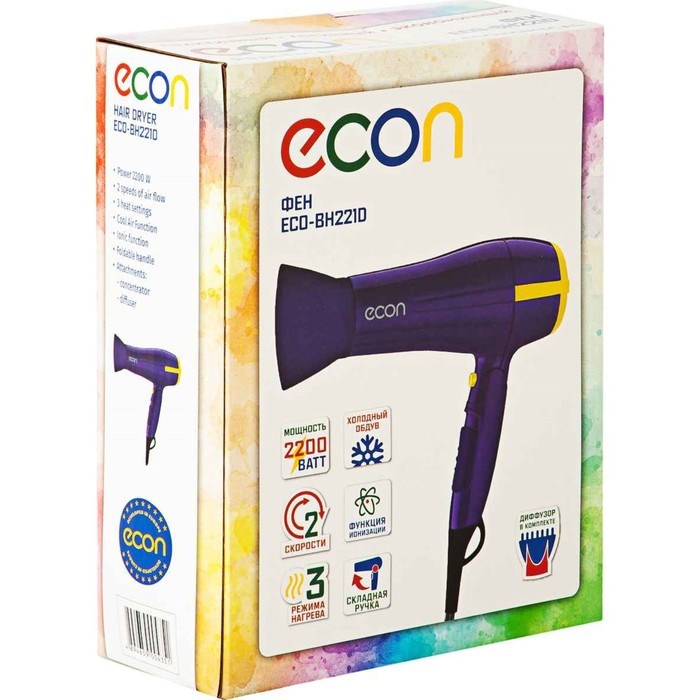 Фен Econ ECO-BH221D, 2200 Вт, 2 скорости, 3 температурных режима, фиолетово-жёлтый - фото 51414508 Фен Econ ECO-BH221D, 2200 Вт, 2 скорости, 3 температурных режима, фиолетово-жёлтый - фото 51414508