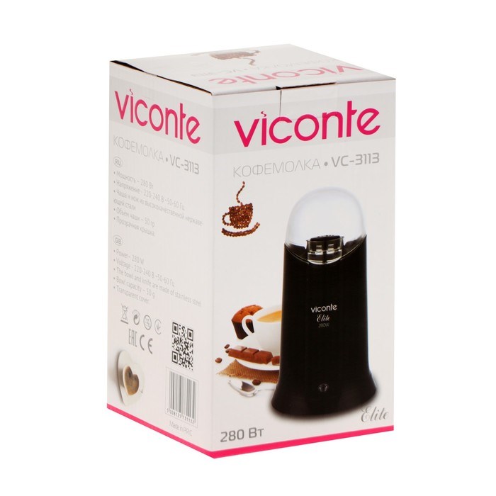 Кофемолка Viconte VC-3113, электрическая, ножевая, 280 Вт, 50 г, чёрная - фото 51415794 Кофемолка Viconte VC-3113, электрическая, ножевая, 280 Вт, 50 г, чёрная - фото 51415794