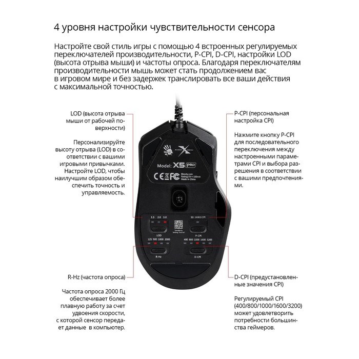 Мышь A4Tech Bloody X5 Pro черный оптическая (16000dpi) USB (9but) - фото 51416552 Мышь A4Tech Bloody X5 Pro черный оптическая (16000dpi) USB (9but) - фото 51416552