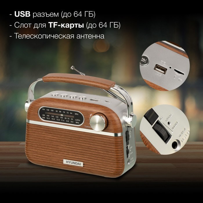 Радиоприемник портативный Hyundai H-PSR200 дерево коричневое/серебристый USB microSD - фото 51417795 Радиоприемник портативный Hyundai H-PSR200 дерево коричневое/серебристый USB microSD - фото 51417795