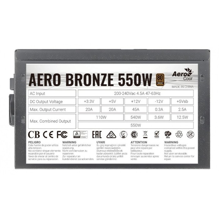 Блок питания Aerocool ATX 550W AERO BRONZE 80+ bronze (24+4+4pin) APFC 120mm fan 5xSATA RTL 100444 - фото 51417837 Блок питания Aerocool ATX 550W AERO BRONZE 80+ bronze (24+4+4pin) APFC 120mm fan 5xSATA RTL 100444 - фото 51417837