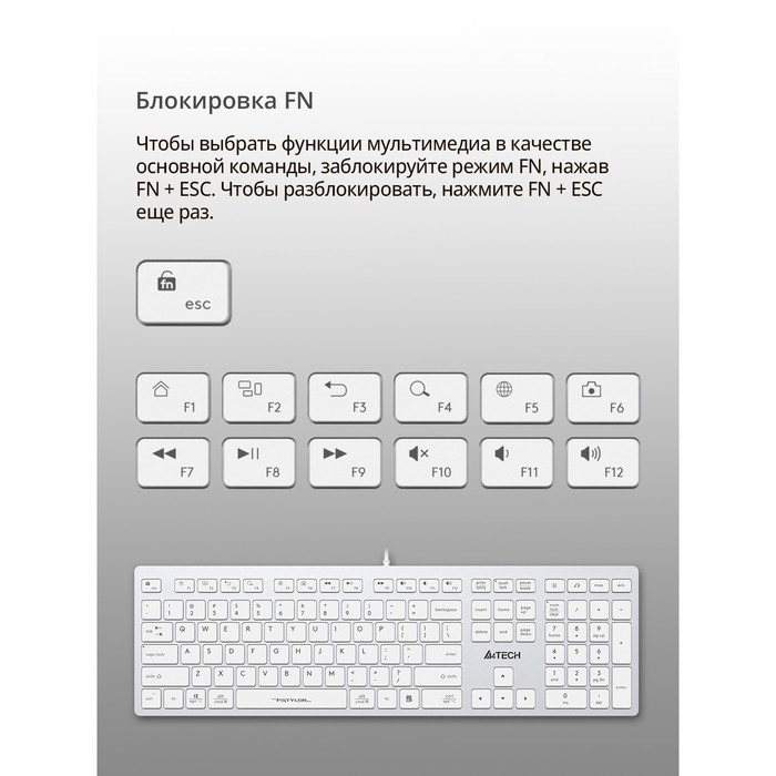 Клавиатура A4Tech Fstyler FX50 белый USB slim Multimedia (FX50 WHITE) - фото 51423216 Клавиатура A4Tech Fstyler FX50 белый USB slim Multimedia (FX50 WHITE) - фото 51423216