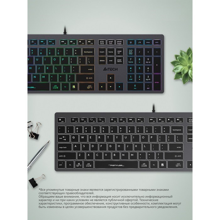Клавиатура A4Tech Fstyler FX60 серый USB slim LED (FX60 GREY / NEON) - фото 51423256 Клавиатура A4Tech Fstyler FX60 серый USB slim LED (FX60 GREY / NEON) - фото 51423256