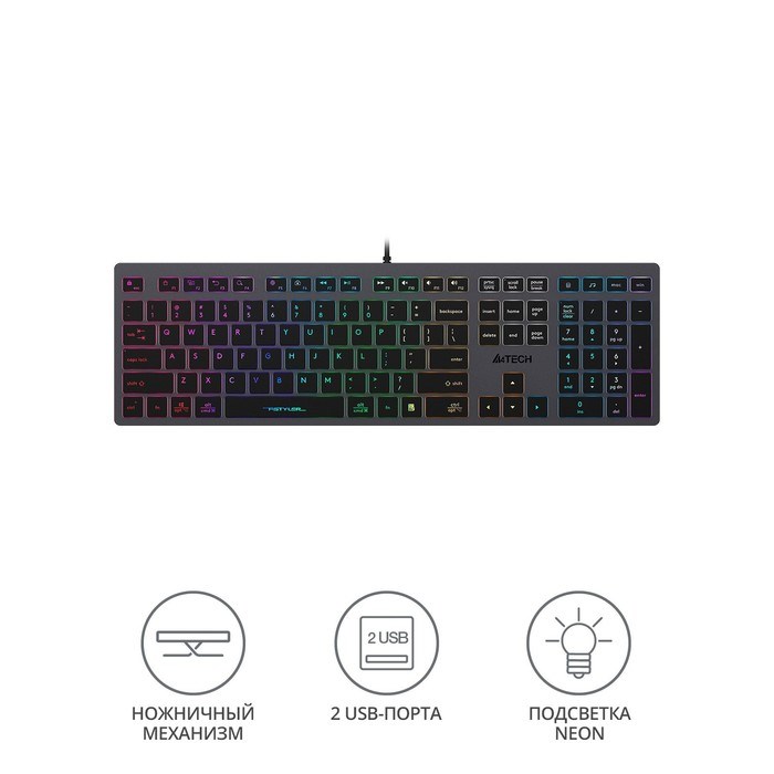 Клавиатура A4Tech Fstyler FX60H серый USB slim LED (FX60H GREY/NEON) - фото 51423263 Клавиатура A4Tech Fstyler FX60H серый USB slim LED (FX60H GREY/NEON) - фото 51423263