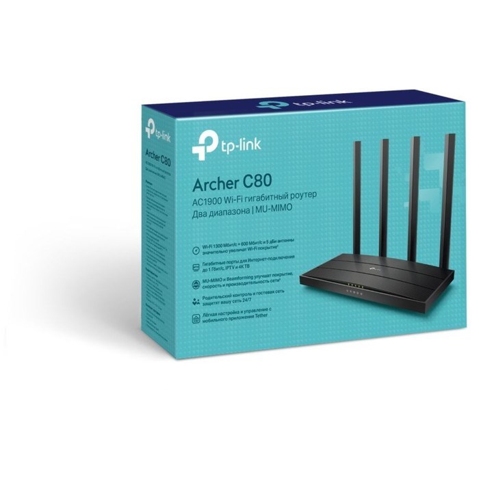Роутер беспроводной TP-Link Archer C80 AC1900, 1000 Мбит/с, 4 порта, чёрный - фото 51426588 Роутер беспроводной TP-Link Archer C80 AC1900, 1000 Мбит/с, 4 порта, чёрный - фото 51426588