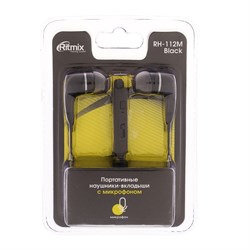Наушники Ritmix RH-112M, вакуумные, микрофон, 104 дБ, 32 Ом, Jack 3.5 мм, кабель 1 м, чёрные - фото 51364933