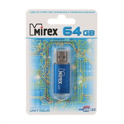 Флешка Mirex UNIT AQUA, 64 ГБ, USB 2.0, чтение до 25 Мб/с, запись до 15 Мб/с, синяя - фото 51366989