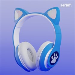 Наушники беспроводные, с ушками кошки, MYBIT W-32, Bluetooth 5.0, с микрофоном, AUX, microSD, MP3, 400 мАч, синие - фото 51371646