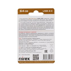 Флешка Mirex CANDY RED, 64 ГБ, USB 2.0, чтение до 25 Мб/с, запись до 15 Мб/с, красная - фото 51373376