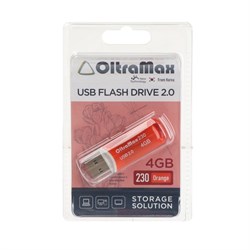 Флешка OltraMax 230, 4 Гб, USB2.0, чт до 15 Мб/с, зап до 8 Мб/с, оранжевая - фото 51380589