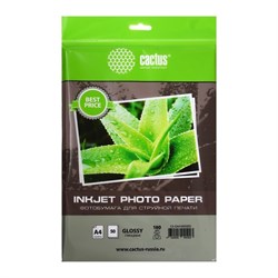 Фотобумага для струйной печати А4, 50 листов Cactus, 180 г/м2, односторонняя, глянцевая, в пакете - фото 51385599