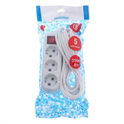 Удлинитель сетевой Smartbuy, 3 розетки, 5 м, 3500 Вт, ПВС 3×1 мм2, 2 USB-A USB-C, 2.1 А, с заземлением, с выключателем, белый - фото 51387857