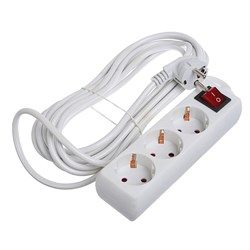 Удлинитель Luazon Lighting, 3 розетки, 5 м, 6 А, 1300 Вт, 3×0.75 мм2, с заземлением, с выключателем, белый - фото 51388121