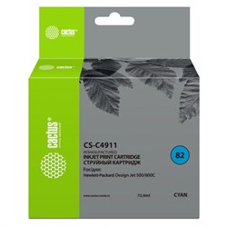 Картридж Cactus CS-C4911 №82, для HP DJ 500/800C, 72 мл, цвет голубой - фото 51416157
