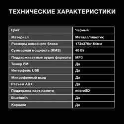 Аудиосистема Hyundai H-MC1230, 40 Вт, USB, BT, AUX, FM, microSD, чёрная - фото 51417025