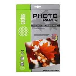 Фотобумага для струйной печати А4, 25 листов Cactus, 190 г/м2, односторонняя, матовая - фото 51430239